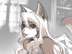 Rule 34 | 1girl, :p, animal ears, female focus, furry, furry female, gradient background, indoors, long hair, sketch, solo, sumomo kpa, tail, tongue, tongue out, white hair