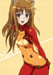 Rule 34 | 1girl, alternate costume, animal ears, brown hair, cosplay, evangelion: 2.0 you can (not) advance, fang, holo, long hair, neon genesis evangelion, plugsuit, rebuild of evangelion, red eyes, smile, solo, souryuu asuka langley (cosplay), spice and wolf, test plugsuit, third-party edit, wide hips, wolf ears