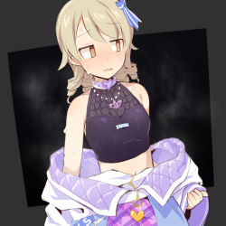 Rule 34 | 1girl, bad id, bad pixiv id, bare shoulders, black shirt, blue bow, blue skirt, blush, bow, breasts, brown eyes, brown hair, character name, cosplay, cosplay request, crop top, hair bow, heart, idolmaster, idolmaster cinderella girls, jacket, long hair, long sleeves, looking away, morikubo nono, navel, nose blush, parted lips, plaid, plaid skirt, shirt, skirt, sleeveless, sleeveless shirt, sleeves past wrists, small breasts, solo, striped, striped bow, sweat, uccow, white jacket