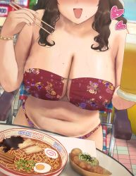 Rule 34 | 1girl, arm up, beach chair, bikini, blurry, blurry background, blush, bowl, bracelet, breasts, brown hair, chair, chopsticks, cleavage, commentary request, drink, egg, egg (food), eyepatch bikini, facing viewer, food, head out of frame, heart, highres, holding, holding chopsticks, holding drink, jewelry, long hair, mole, mole on breast, mole on cheek, navel, noodles, open mouth, original, ramen, red bikini, ryokucha michi, sidelocks, sitting, solo, spring onion, steam, swimsuit, table, takoyaki, tile floor, tiles, upper body