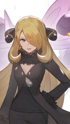 Rule 34 | 1girl, black coat, black pants, black shirt, blonde hair, breasts, cleavage, coat, commentary request, creatures (company), cynthia (pokemon), eyelashes, fur-trimmed coat, fur trim, game freak, hair ornament, hair over one eye, hand on own hip, highres, long hair, long sleeves, looking at viewer, nintendo, odd (hin yari), pants, pokemon, pokemon dppt, shirt, smile, solo focus