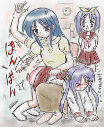 Rule 34 | &gt; &lt;, 00s, 3girls, age difference, ass, blue hair, blush, clothes lift, hiiragi kagami, hiiragi miki, hiiragi tsukasa, long hair, lucky star, mother and daughter, multiple girls, open mouth, panties, panty pull, purple hair, school uniform, short hair, siblings, sisters, sitting, skirt, skirt lift, spanked, standing, tears, tongue, twins, twintails, underwear