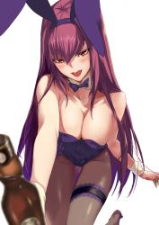 Rule 34 | 1girl, animal ears, blurry, bottle, bow, bowtie, breasts, cleavage, cowboy shot, depth of field, detached collar, fake animal ears, fate/grand order, fate (series), highres, large breasts, leotard, long hair, looking at viewer, official alternate costume, ohland, open mouth, pantyhose, playboy bunny, purple bow, purple bowtie, purple hair, purple leotard, rabbit ears, red eyes, scathach (fate), scathach (piercing bunny) (fate), simple background, smile, solo, strapless, strapless leotard, thigh gap, white background, wine bottle, wrist cuffs