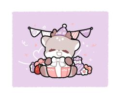 Rule 34 | 1boy, animal ears, animal nose, antlers, bbing zzi, birthday, border, chibi, closed eyes, commentary request, debwi mos hamyeon jugneun byeong geollim, deer boy, deer ears, flower, food, fruit, full body, furrification, furry, furry male, gift, happy, hat, horns, korean commentary, male focus, open mouth, party hat, pennant, purple background, seon ahyun, simple background, sitting, smile, solo, strawberry, string of flags, white border