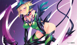 Rule 34 | 1girl, akatsuki kirika, bare shoulders, black gloves, blonde hair, blush, breasts, cleavage, collarbone, commentary request, corruption, covered navel, detached collar, elbow gloves, gloves, gradient background, green eyes, green leotard, highleg, highleg leotard, ignite module, large breasts, leotard, looking at viewer, parted lips, purple background, purple eyes, satou kuuki, scythe, senki zesshou symphogear, shiny clothes, shiny skin, short hair, skin tight, solo, straddling, striped clothes, striped thighhighs, sweat, thighhighs