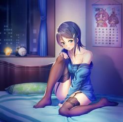 Rule 34 | 00s, 1girl, alarm clock, bed, bedroom, between legs, blue eyes, blue hair, blue shirt, blush, breasts, brown thighhighs, calendar, calendar (object), candle, cleavage, clock, collarbone, curtains, full body, garter straps, hair ornament, hairclip, hand between legs, hand on own knee, idolmaster, idolmaster dearly stars, long sleeves, looking at viewer, medium breasts, mizutani eri, nanaran, no pants, no shoes, off shoulder, on bed, parted bangs, pillow, shirt, short hair, sitting, sleeves past wrists, smile, solo, thighhighs, window