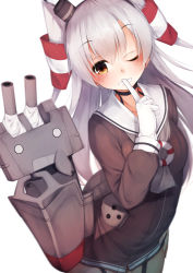 Rule 34 | 10s, 1girl, ;d, amatsukaze (kancolle), blush, brown dress, brown eyes, choker, cowboy shot, dress, garter straps, gloves, hair between eyes, hair tubes, highres, index finger raised, kantai collection, long hair, long sleeves, looking at another, looking at viewer, one eye closed, open mouth, puffy long sleeves, puffy sleeves, rensouhou-kun, rerrere, sailor dress, short dress, silver hair, smile, solo, two side up, white gloves