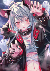 Rule 34 | 1girl, ahoge, animal ear fluff, animal ears, black collar, black jacket, black nails, blush, breasts, budget sarashi, chest sarashi, claw pose, collar, commentary, fingernails, full moon, fur-trimmed jacket, fur trim, ghost, grey hair, hair between eyes, halloween, hand up, highres, jacket, long fingernails, long hair, long sleeves, looking at viewer, moon, navel, night, open clothes, open jacket, open mouth, orange eyes, original, sarashi, sharp fingernails, sidelocks, small breasts, solo, standing, stitched torso, stitches, stomach, suzaku (zaku6584), underboob, upper body, wolf ears, wolf girl