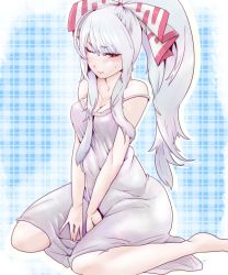 Rule 34 | 1girl, alternate costume, alternate hairstyle, bad id, bad pixiv id, barefoot, blush, bow, breasts, cleavage, dress, female focus, fujiwara no mokou, hair bow, high ponytail, long hair, nightgown, off shoulder, one eye closed, ponytail, purple dress, red eyes, silver hair, sitting, solo, somsom, strap slip, touhou, v arms, wariza, wink
