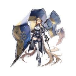 Rule 34 | 1girl, absurdly long hair, arknights, bare shoulders, blonde hair, blue eyes, blue hairband, blue neckwear, boots, braid, breasts, crossed legs, flag, full body, grey footwear, hairband, highres, holding, holding sword, holding weapon, kingdom of victora logo, long hair, looking at viewer, medium breasts, official art, pointy ears, saileach (arknights), smile, solo, standing, sword, thighhighs, transparent background, twin braids, very long hair, watson cross, weapon, white thighhighs, xiayehongming