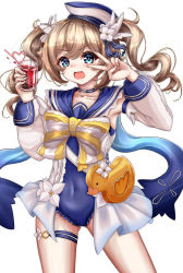 Rule 34 | 1girl, :d, absurdres, armpits, bag, barbara (genshin impact), barbara (summertime sparkle) (genshin impact), blue eyes, blue one-piece swimsuit, choker, collarbone, commentary request, crazy straw, cup, detached sleeves, drill hair, drink, drinking glass, drinking straw, duck print, genshin impact, hair between eyes, hair ornament, handbag, hat, heart straw, highres, holding, holding cup, light brown hair, long hair, looking at viewer, one-piece swimsuit, open mouth, sidelocks, simple background, smile, solo, swimsuit, tabunshake, thighlet, twin drills, twintails, v, white background