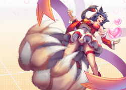 Rule 34 | 1girl, ahri (league of legends), animal ears, blue hair, braid, breasts, detached sleeves, facial mark, fox ears, fox girl, fox tail, from below, highres, korean clothes, league of legends, lipstick, long hair, looking away, makeup, miniskirt, multiple tails, neet (gkmk79), off shoulder, open mouth, single braid, skirt, slit pupils, solo, tail, whisker markings, wide sleeves, yellow eyes