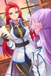 Rule 34 | 2girls, anje, breasts, flower, from behind, gloves, green eyes, hair flower, hair ornament, jaina preventer, large breasts, long hair, multiple girls, paper, pintail (sword girls), red hair, sunset, sword girls, taut clothes, uniform, window
