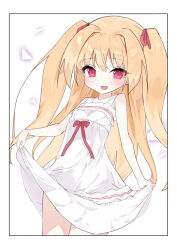 Rule 34 | 1girl, bare shoulders, blonde hair, blush, dress, flat chest, highres, irotoridori no sekai, long hair, looking at viewer, nikaidou shinku, open mouth, red eyes, skirt hold, sleeveless, sleeveless dress, smile, solo, takakura, two side up, white dress