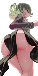 Rule 34 | 1girl, absurdres, ass, ass focus, brown dress, clenched teeth, curly hair, dress, from below, green eyes, green hair, grey background, highres, long sleeves, looking at viewer, looking back, looking down, one-punch man, shiny skin, short hair, simple background, solo, tatsumaki, teeth, torriet