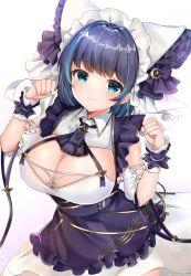 Rule 34 | 1girl, :3, animal ears, azur lane, black neckwear, blue dress, blue eyes, blue hair, blue nails, blush, breasts, cat ears, cheshire (azur lane), cleavage, cleavage cutout, closed mouth, clothing cutout, collared dress, crescent, detached sleeves, dress, fake animal ears, frilled dress, frills, gradient background, grey background, hands up, highres, katsushika pachi, large breasts, looking at viewer, maid, maid headdress, multicolored hair, nail polish, paw pose, short hair, smile, solo, streaked hair, white background, wrist cuffs