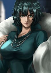 Rule 34 | 1girl, breasts, fubuki (one-punch man), green eyes, green hair, jewelry, large breasts, necklace, one-punch man, pearl necklace