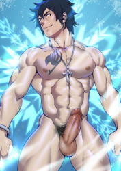 Rule 34 | 1boy, abs, bara, black eyes, black hair, blush, cross, erection, fairy tail, gray fullbuster, hairy testicles, highres, jewelry, looking down, male focus, muscular, necklace, nipples, nude, pectorals, penis, smile, solo, spiked hair, suyohara, tattoo, testicles
