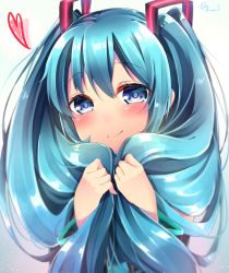 Rule 34 | 1girl, aqua eyes, aqua hair, bad id, bad pixiv id, gradient background, hatsune miku, heart, holding, holding own hair, long hair, navy (navy.blue), simple background, smile, solo, twintails, very long hair, vocaloid, white background