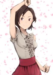 Rule 34 | 1girl, arm up, bare arms, bare shoulders, breasts, brown eyes, brown hair, casual, cherry blossoms, chienon, closed mouth, collared shirt, grey shirt, high-waist skirt, highres, kasugano sakura, petals, pink skirt, shirt, short hair, skirt, sleeveless, sleeveless shirt, small breasts, smile, solo, street fighter, street fighter v