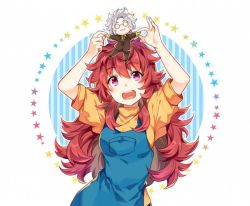 Rule 34 | 1girl, arms up, blush, curly hair, egokoro nao, glasses, holding, kimi ga shine, long hair, looking up, mishima kazumi (kimi ga shine), object on head, open mouth, overalls, pink eyes, pocket, puffy short sleeves, puffy sleeves, ririkuto, shirt, short sleeves, smile, solo, star (symbol), stuffed toy, turtleneck, upper body, yellow shirt