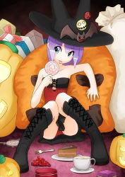 Rule 34 | 1girl, aqua eyes, boots, cake, candy, coffee, cup, food, fork, hashiro, hat, hayo, lollipop, original, pillow, plate, purple hair, sitting, solo, witch, witch hat