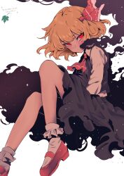 Rule 34 | 1girl, ascot, black skirt, black vest, blonde hair, blush, closed mouth, collared shirt, hair ribbon, highres, red ascot, red eyes, red footwear, red ribbon, ribbon, rumia, shirt, shoes, short hair, simple background, skirt, socks, solo, theheavenpit, touhou, vest, white background, white shirt, white socks