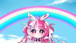 Rule 34 | 1girl, absurdres, animal ears, bow, braid, chibi, crescent, crescent facial mark, dress, facial mark, gloves, hair ribbon, highres, idol corp, lalabell lullaby, long hair, magical girl, multicolored hair, pink21199230, pink hair, rabbit ears, rabbit girl, ribbon, star ahoge, virtual youtuber