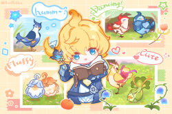 Rule 34 | 1boy, :o, ahoge, arm guards, artist name, bird, black gloves, blonde hair, blue eyes, blue flower, blue jacket, blush, book, bulle fruit (genshin impact), commentary request, conch, cropped torso, earrings, english text, flower, flower (symbol), food, fruit, genshin impact, gloves, grass, grid background, hair between eyes, hands up, heart, highres, holding, holding book, holding quill, hood, hood down, hoodie, jacket, jewelry, kmpukka, log, long sleeves, lumidouce bell (genshin impact), lumitoile (genshin impact), male focus, marcotte (genshin impact), mika (genshin impact), necktie, open book, open clothes, open jacket, open mouth, outdoors, outline, photo (object), pink flower, plant, quill, rock, seashell, shell, short hair, sidelocks, signature, simple background, solo, speech bubble, star (symbol), starfish, stud earrings, twitter username, upper body, vision (genshin impact), white hoodie, white outline, yellow background, yellow necktie, yellow outline