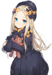 Rule 34 | 1girl, abigail williams (fate), bad id, bad pixiv id, black bow, black dress, black hat, blonde hair, blue eyes, blush, bow, bug, butterfly, closed mouth, commentary request, dress, fate/grand order, fate (series), forehead, hair bow, hat, hugging object, insect, long hair, long sleeves, looking at viewer, orange bow, parted bangs, polka dot, polka dot bow, rikoma, simple background, sleeves past fingers, sleeves past wrists, solo, stuffed animal, stuffed toy, teddy bear, very long hair, white background