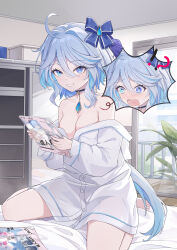 Rule 34 | !?, 1girl, bare shoulders, barefoot, blue bow, blue bowtie, blue eyes, blue hair, blush, book, bow, bowtie, breasts, choker, cleavage, commentary request, cover, cover page, furina (genshin impact), ganyu (genshin impact), genshin impact, grin, heterochromia, highres, holding, holding book, indoors, light blue hair, long hair, lying, medium breasts, on back, open mouth, pajamas, sitting, smile, solo, thought bubble, very long hair, wariza, white pajamas, yansuiyuluo