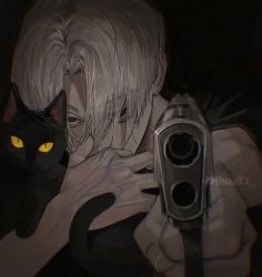 Rule 34 | 1boy, aiming, aiming at viewer, animal, black background, black cat, black eyes, blurry, cat, covered mouth, dark, depth of field, eyes visible through hair, finger on trigger, glint, gun, hair over eyes, handgun, hands up, hhaet2, highres, holding, holding animal, holding gun, holding weapon, male focus, outstretched arm, parted bangs, portrait, reaching, reaching towards viewer, sano manjirou, sanpaku, short hair, simple background, tokyo revengers, twitter username, veins, weapon, white hair, yellow eyes