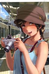 Rule 34 | 1girl, absurdres, braid, brown eyes, brown hair, camera, hat, highres, naruko hanaharu, non-web source, open mouth, scan, sleeveless, solo, tactile paving, train