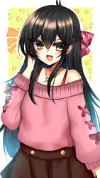 Rule 34 | 1girl, :d, animal print, bare shoulders, black hair, blush, braid, brown eyes, brown skirt, collarbone, hair down, hair ribbon, hand up, highres, idolmaster, idolmaster cinderella girls, leopard print, long sleeves, looking at viewer, matoba risa, notice lines, off-shoulder sweater, off shoulder, open mouth, pink ribbon, pink sweater, pleated skirt, puffy long sleeves, puffy sleeves, ribbon, ricroot, skirt, smile, solo, sweater, two-tone background, white background, yellow background