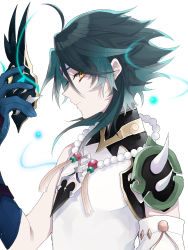 Rule 34 | 1boy, ahoge, arm guards, bare shoulders, bead necklace, beads, black hair, closed mouth, detached sleeves, facial mark, forehead mark, from side, genshin impact, gloves, green gloves, green hair, highres, holding, holding mask, jewelry, kaze kuso, light particles, long hair, looking at viewer, male focus, mask, multicolored hair, necklace, shoulder pads, shoulder spikes, simple background, sleeveless, solo, spikes, tassel, white background, xiao (genshin impact), yellow eyes