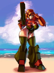 Rule 34 | 1girl, absurdres, alternate hair color, asshimar, asshimar (cosplay), breasts, brown eyes, commentary, cosmikaizer, cosplay, crossover, english commentary, gundam, highres, large breasts, looking to the side, mecha musume, nitroplus, red hair, skindentation, solo, super pochaco, thick thighs, thighhighs, thighs, twintails, v, zeta gundam