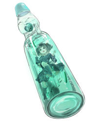 Rule 34 | 1girl, blue eyes, blue hair, bottle, chiruko (xxx-o), cucumber, hair bobbles, hair ornament, hat, highres, in bottle, in container, kawashiro nitori, key, matching hair/eyes, mini person, minigirl, no headwear, open mouth, ramune, short hair, skirt, smile, solo, touhou, twintails, two side up, underwater
