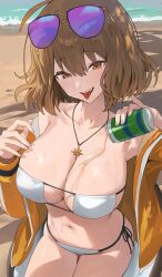 Rule 34 | 1girl, ahoge, anis (nikke), anis (sparkling summer) (nikke), aviator sunglasses, bare shoulders, bikini, breasts, brown hair, can, cleavage, drink can, eyepatch bikini, eyewear on head, goddess of victory: nikke, highres, holding, holding can, hood (james x), jacket, jewelry, large breasts, navel, necklace, official alternate costume, pink-tinted eyewear, short hair, smile, soda can, solo, sunglasses, swimsuit, tinted eyewear, white bikini, yellow jacket