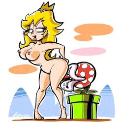 Rule 34 | 1girl, albo, arms behind back, barefoot, bestiality, blonde hair, breasts, crown, cunnilingus, eyelashes, feet, flipped hair, gem, half-closed eyes, happy sex, huge nipples, interspecies, large breasts, leaning forward, long hair, mario (series), naughty face, navel, nintendo, nipples, nude, open mouth, oral, piranha plant, polka dot, princess peach, saliva, sharp teeth, signature, solo, standing, teeth, thick thighs, thighs, tongue, tongue out, warp pipe, wavy hair