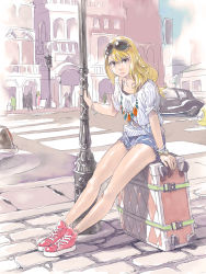 Rule 34 | 10s, 1girl, alternate costume, angry, bad id, blonde hair, bracelet, brown eyes, brown hair, car, cityscape, cutoffs, day, denim, denim shorts, eyewear on head, highres, jewelry, karina lyle, legs, long hair, looking at viewer, motor vehicle, necklace, no socks, outdoors, pomodorosa, shiny skin, shorts, sitting, sitting on object, solo, suitcase, sunglasses, tiger &amp; bunny, vehicle, watch, wristwatch