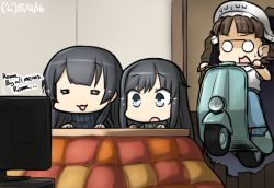Rule 34 | 10s, 3girls, :3, :o, agano (kancolle), alternate costume, asashio (kancolle), black hair, blue eyes, brown hair, commentary request, dated, english text, glasses, hamu koutarou, headdress, hole, kantai collection, kotatsu, long hair, motor vehicle, multiple girls, open mouth, roma (kancolle), roman holiday, scooter, short hair, sparkle, sweat, table, tears, vehicle, watching television