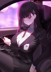 Rule 34 | 1girl, black hair, black jacket, black pantyhose, black skirt, black suit, blue archive, blush, breasts, car interior, formal, hair ornament, hairclip, halo, highres, jacket, large breasts, long hair, long sleeves, looking at viewer, miniskirt, pantyhose, pleated skirt, red eyes, ribbed sweater, rio (blue archive), skirt, solo, suit, sweater, thighs, turtleneck, turtleneck sweater, very long hair, white sweater, xiujia yihuizi