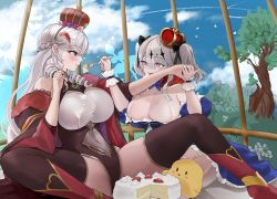Rule 34 | 2girls, algerie (azur lane), algerie (red queen&#039;s decree) (azur lane), azur lane, bare shoulders, blush, breasts, cake, cleavage, crown, drill hair, food, hair ornament, highres, hoyuring, joffre (azur lane), joffre (ensorcelled snow white) (azur lane), large breasts, multiple girls, navel, ponytail, simple background, smile, thick thighs, thighhighs, thighs