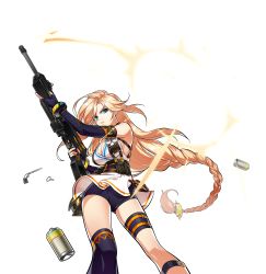 Rule 34 | 1girl, absurdres, artist request, black gloves, black shorts, black thighhighs, blonde hair, blue eyes, braid, breasts, cleavage, cropped legs, elsword, fingerless gloves, freyja (elsword), gloves, gun, highres, holding, holding gun, holding weapon, large breasts, legs, long hair, looking at viewer, low-braided long hair, low-tied long hair, official art, rose (elsword), shell casing, shirt, short shorts, shorts, single thighhigh, solo, standing, thighhighs, thighlet, transparent background, weapon, white shirt