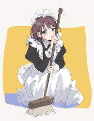 Rule 34 | 1girl, alternate costume, apron, blue eyes, blush, broom, brown hair, collar, dress, frilled hairband, frills, full body, girls band cry, hairband, highres, holding, holding broom, iseri nina, juliet sleeves, long dress, long sleeves, looking at viewer, maid apron, maid headdress, puffy sleeves, simple background, solo, squatting, white apron, yumuto (spring1786)