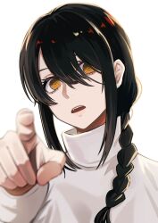Rule 34 | 1girl, absurdres, black hair, braid, braided ponytail, chainsaw man, hair between eyes, highres, looking at viewer, medium hair, nayuta (chainsaw man), pointing, pointing at viewer, ringed eyes, sakuma kou, simple background, solo, sweater, white background, white sweater, yellow eyes