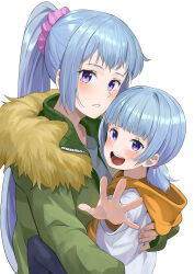 2girls absurdres blue_hair blush carrying carrying_person chakuma_(yiyh1468) fur-trimmed_jacket fur_trim green_jacket hair_ornament hair_scrunchie high_ponytail highres hood hoodie hug jacket kawasaki_keika kawasaki_saki long_hair long_sleeves looking_at_viewer mole mole_under_eye multiple_girls open_mouth parka pink_scrunchie ponytail purple_eyes reaching reaching_towards_viewer scrunchie short_hair siblings simple_background sisters white_background white_jacket winter_clothes yahari_ore_no_seishun_lovecome_wa_machigatteiru. yellow_hoodie