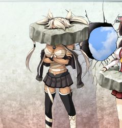 Rule 34 | 2girls, black gloves, black legwear, blonde hair, breasts, brown hair, budget sarashi, cherry blossoms, crack, cracked wall, dark-skinned female, dark skin, flower, gloves, hair flower, hair ornament, headgear, highres, hole, kabe ni hamatte ugokenai!, kantai collection, large breasts, miniskirt, multiple girls, musashi (kancolle), musashi kai (kancolle), out of frame, partially fingerless gloves, pointy hair, sarashi, skirt, standing, thighhighs, tk8d32, two side up, wall, yamato (kancolle)