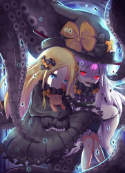 Rule 34 | 2girls, abigail williams (fate), abigail williams (third ascension) (fate), absurdres, black bow, black dress, black gloves, black hat, black panties, blonde hair, bloomers, blue eyes, bow, bug, butterfly, closed mouth, commentary request, dress, dual persona, elbow gloves, fate/grand order, fate (series), forehead, gloves, glowing, glowing eyes, hair bow, hat, hat bow, head tilt, highres, hugging object, insect, long hair, long sleeves, multiple girls, neross, orange bow, pale skin, panties, parted bangs, parted lips, polka dot, polka dot bow, red eyes, revealing clothes, sharp teeth, sleeves past fingers, sleeves past wrists, stuffed animal, stuffed toy, suction cups, teddy bear, teeth, tentacles, topless, underwear, very long hair, white bloomers, white hair, witch hat