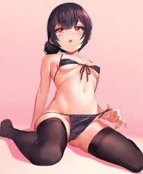 Rule 34 | 1girl, absurdres, bare shoulders, bikini, black bikini, black thighhighs, blue hair, blush, breasts, commentary, fukushi ryouhei, gradient background, hair bun, highres, idolmaster, idolmaster shiny colors, looking at viewer, morino rinze, navel, open mouth, pink background, red eyes, short hair, single hair bun, sitting, small breasts, solo, swimsuit, thighhighs, wariza